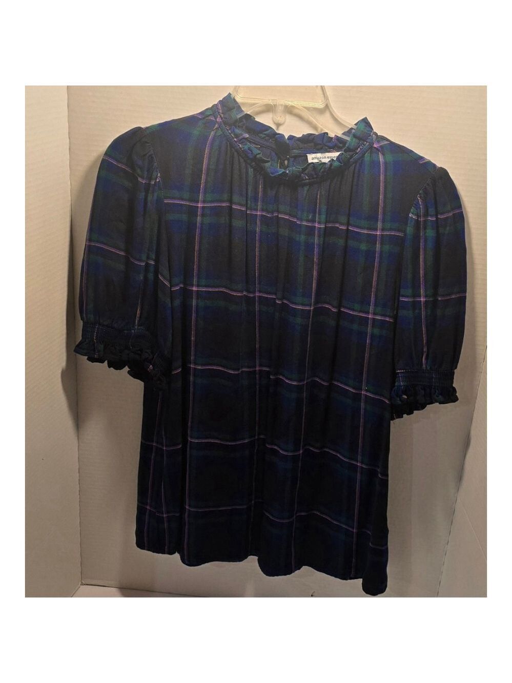 women amazon essentials plad blouse size small